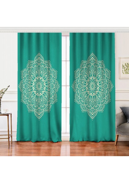 Çift Kanat Turkuaz Zeminde Mandala Çizimli Modern Dijital Baskılı Fon Perde