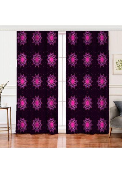 Çift Kanat Siyah Zeminde Pembe Neon Mandala Desenli Dijital Baskılı Fon Perde