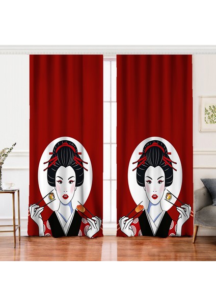 Çift Kanat Suşi Yiyen Japon Kız Motifli Modern Dijital Baskılı Fon Perde