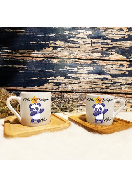 Kişiye Özel Hediye Isimli Panda Baskılı Bambu Altlıklı 2li Kahve Fincanı 1146