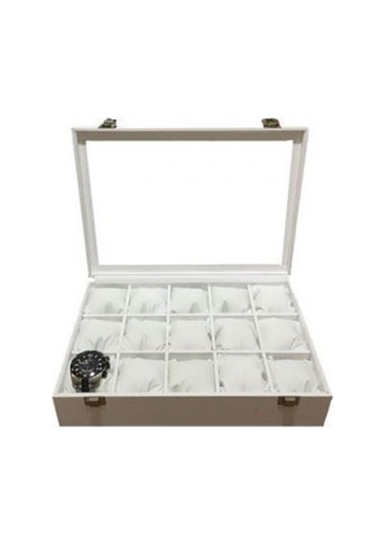 Saat Kutusu 15 Li Beyaz Ahşap Kasa Üzeri Deri Kaplama