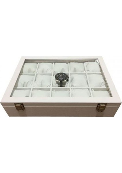 Saat Kutusu 15 Li Beyaz Ahşap Kasa Üzeri Deri Kaplama modelleri