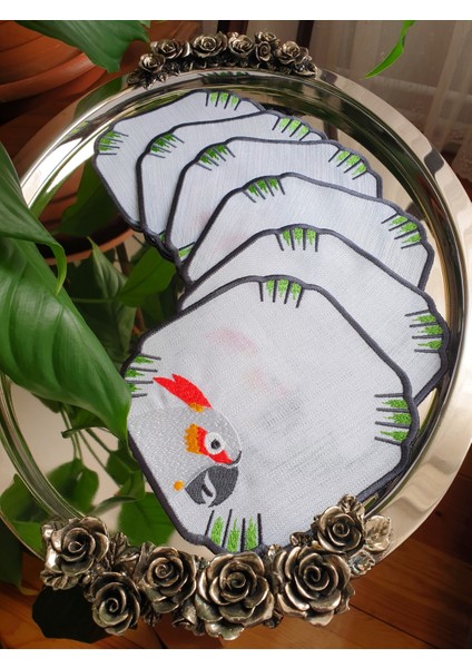 Papağan Desen Nakışlı 6'lı Kokteyl Peçetesi, Bardak Altlığı