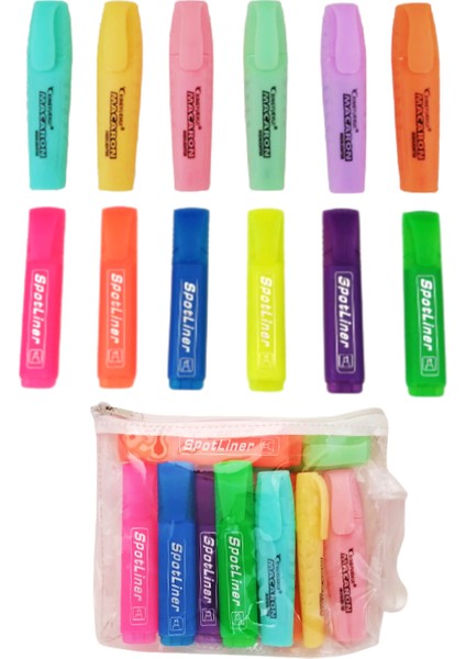 Pastel Renk Fosforlu Kalem 6'lı + Neon Renk Fosforlu Kalem 6'lı + Şeffaf Çanta
