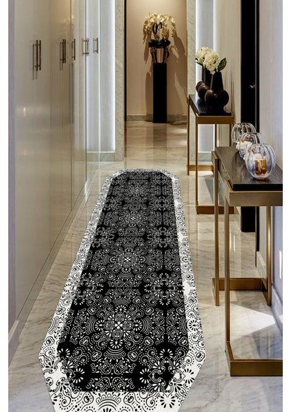Siyah Geometrik Şekilli Kilim Desenli Oval Halı (Makinada Yıkanabilir Kaymaz DotTaban) - CP624