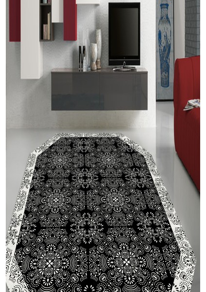 Siyah Geometrik Şekilli Kilim Desenli Oval Halı (Makinada Yıkanabilir Kaymaz DotTaban) - CP624