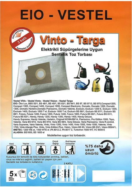 Vinto-Targa Elektrikli Süpürge Sentetik Toz Torbası 5,li Paket