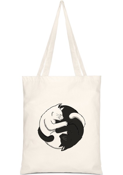 Ying Yang Kediler Baskılı Bez Çanta