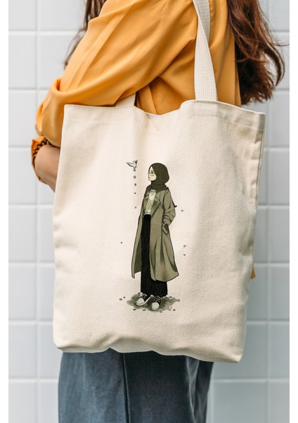 Çınar Bez Çanta Kanvas Kuş ve Kız Bez Çanta C0563