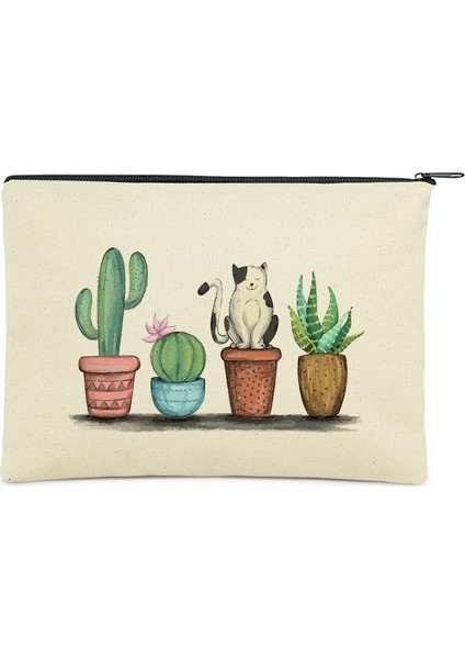 Clutch Kaktüs ve Kedi Kanvas Makyaj Çantası