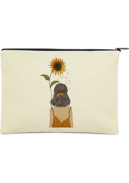 Clutch Ayçiçekli Kız Kanvas Makyaj Çantası
