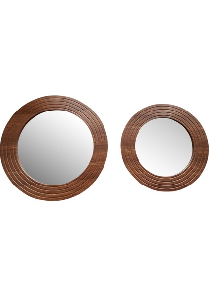 Ahşap Görünümlü Mdf 2 Li Yuvarlak Duvar Salon Banyo Aynası(60 cm ,50 cm Çap)