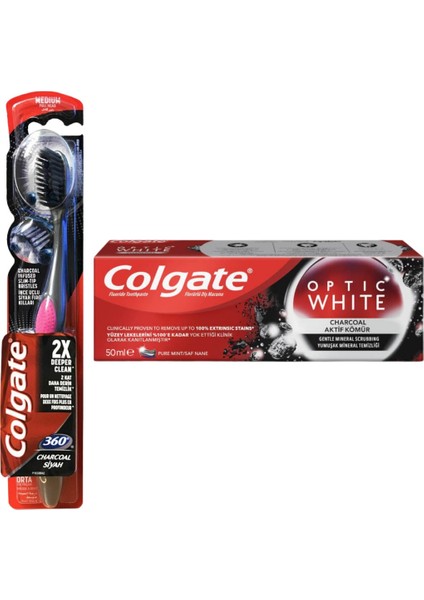 Optic White Aktif Kömür + 360 Charcoal Siyah Diş Fırçası Seti