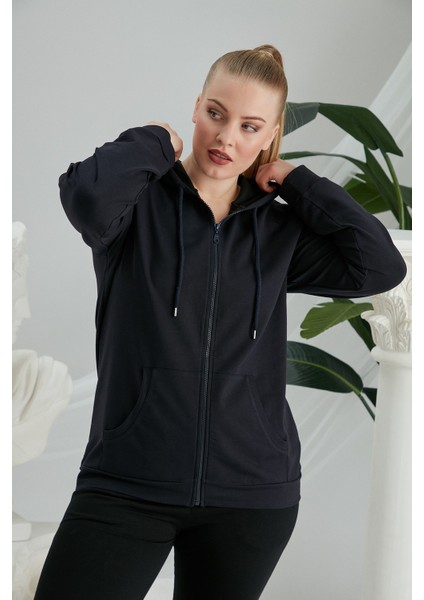 Fermuar Detaylı Büyük Beden Lacivert Eşofman Üst