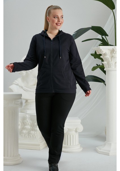 Fermuar Detaylı Büyük Beden Lacivert Eşofman Üst indirimleri