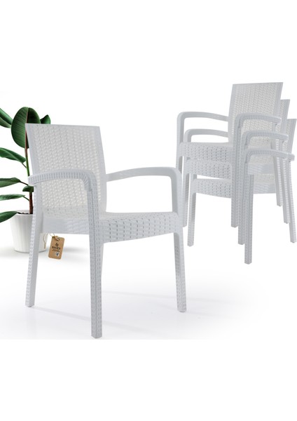 Rattan Sandalye 4 Kişilik Kollu Koltuk Bahçe Balkon Teras Sandalyesi Beyaz