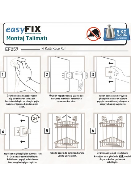 Delme Vida Matkap Yok! Easyfıx Yapışkanlı 2 Katlı Banyo Köşe Rafı Krom EF257