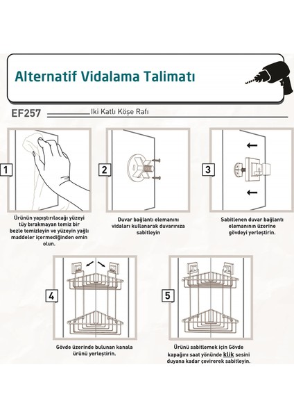 Delme Vida Matkap Yok! Easyfıx Yapışkanlı 2 Katlı Banyo Köşe Rafı Krom EF257