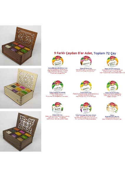 Ahşap Lazer Kesim Çay Kutusu, Teabox, 9 Bölme, Çeşitli Bitki Çayı