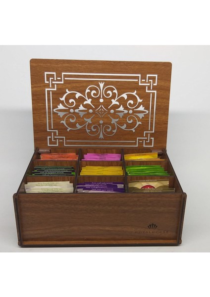 Ahşap Lazer Kesim Çay Kutusu, Teabox, 9 Bölme, Çeşitli Bitki Çayı