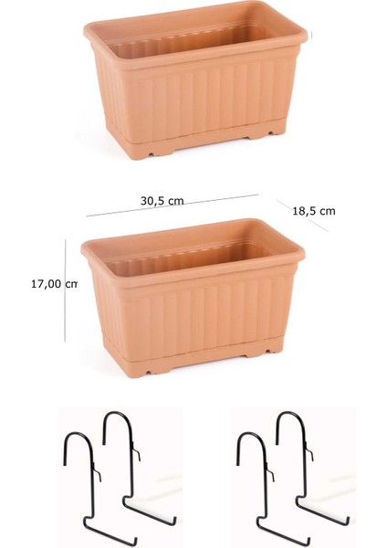 Kemer Balkon Saksı, Tabaklı, 2 Adet, 30,5cm, 6 Litre Kiremit, Askı Aparatlı