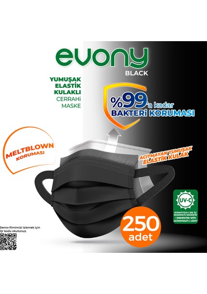 Black Elastik Kulaklı Siyah Maske 250 Adet