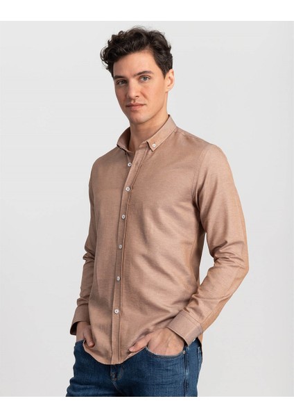 Slim Fit Bej Düz Erkek Gömlek