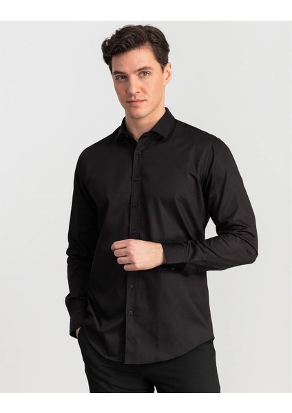 Slim Fit %100 Pamuk Siyah Erkek Gömlek