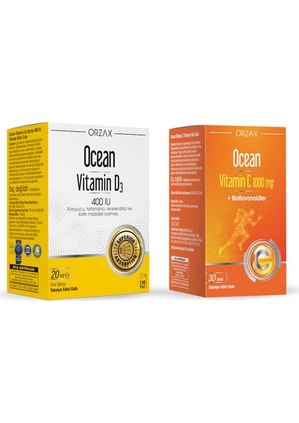 Ocean Vitamin D3 400 Iu Sprey 20 Ml + Ocean Vitamin C 1000 Mg 30 Tablet