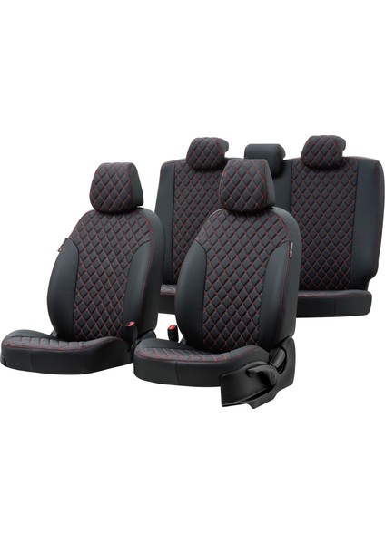 Opel Combo C 5 Kişi 2005-2012 Özel Üretim Koltuk Kılıfı Madrid Design Deri Siyah - Kırmızı