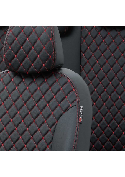 Peugeot 5008 2010-2016 5 Kişi Özel Üretim Koltuk Kılıfı Madrid Design Deri Siyah - Kırmızı