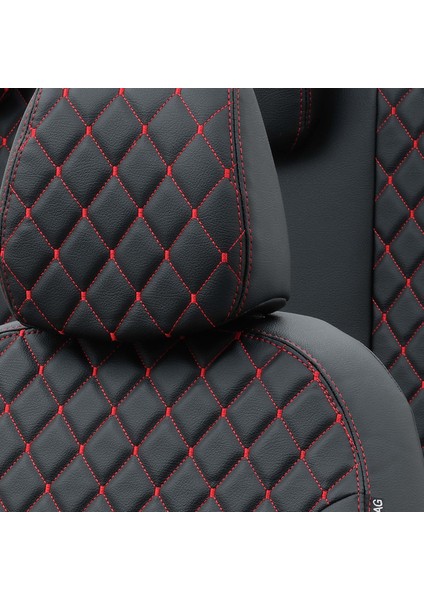 Peugeot 5008 2010-2016 5 Kişi Özel Üretim Koltuk Kılıfı Madrid Design Deri Siyah - Kırmızı