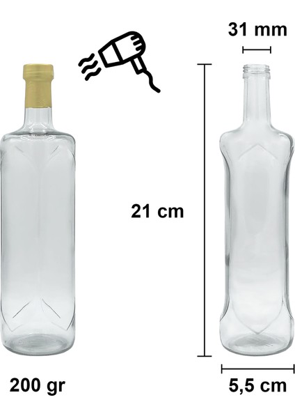 250 cc Şeffaf Piramit Kilitli Kapaklı ve Kapüşonlu 250 ml Kavisli Cam Şişe 1 Adet