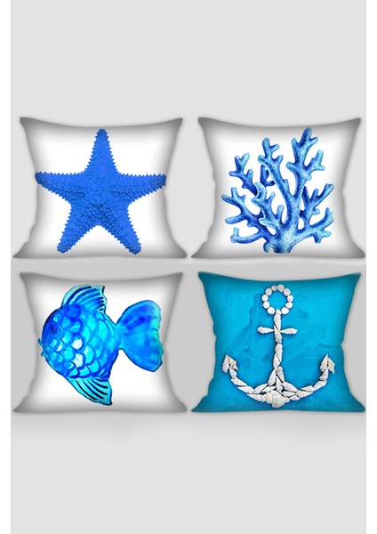 4'lü Dekoratif Kırlent Kılıfı Seti 43x43 cm Mavi Deniz Temalı Desen