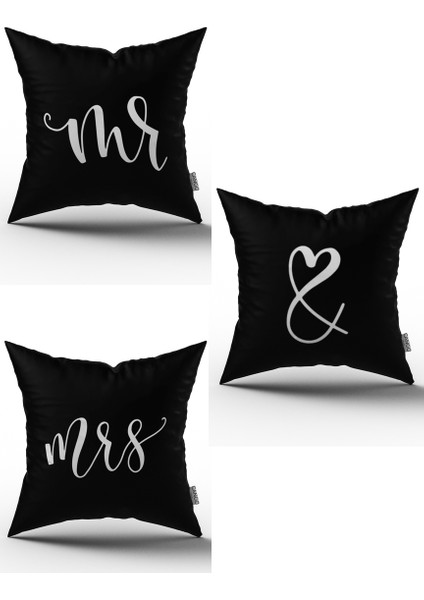Kadın Erkek Mr. Mrs. 3'lü Dijital Baskılı Kırlent Seti - Siyah