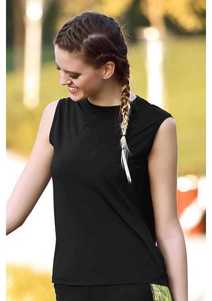 - Siyah Sırtı Dekolteli Spor T-Shirt 7361