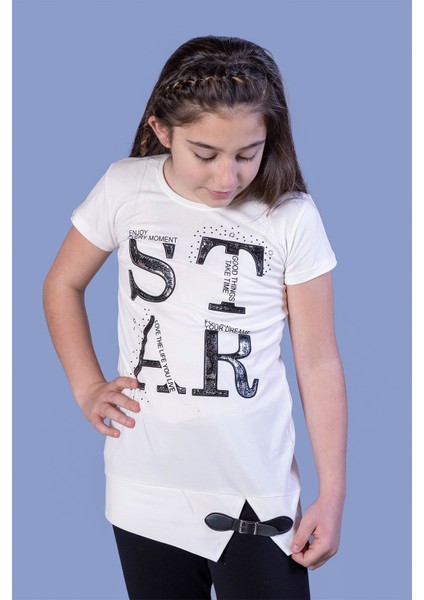 Kız Çocuk Star Baskılı Kemer Detaylı T-Shirt