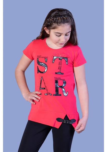 Kız Çocuk Star Baskılı Kemer Detaylı T-Shirt