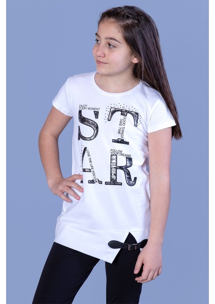 Kız Çocuk Star Baskılı Kemer Detaylı T-Shirt