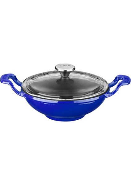 Döküm Wok Tava 16 Cm Mavi Renk Çift Metal Kulplu Cam Kapaklı Lava Tava