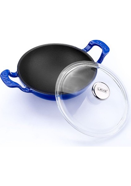 Döküm Wok Tava 16 Cm Mavi Renk Çift Metal Kulplu Cam Kapaklı Lava Tava fiyatları