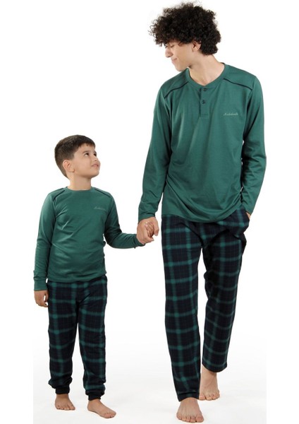 Yeşil Ekoseli Düğmeli Yaka Kışlık Erkek Pijama Takımı 6015