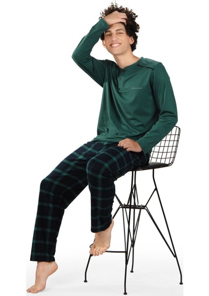 Yeşil Ekoseli Düğmeli Yaka Kışlık Erkek Pijama Takımı 6015 fiyatları