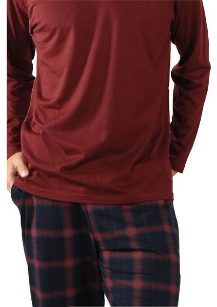 Bordo Ekoseli Düğmeli Yaka Kışlık Erkek Pijama Takımı 6015