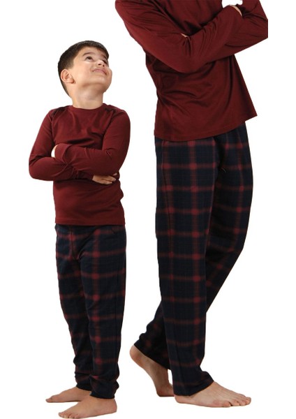 Bordo Ekoseli Düğmeli Yaka Kışlık Erkek Pijama Takımı 6015