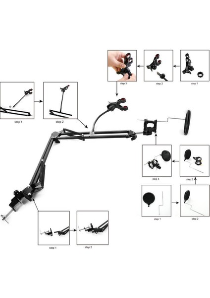 3in1 Hareketli Tasarım Profesyonel Mikrofon Standı + Pop Filtre + Telefon Tutucu - AL2552