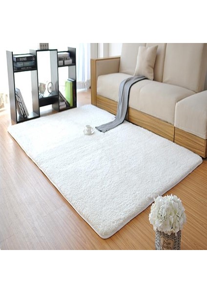 Dekoratif Peluş Halı Uzun Tüylü Polyester Yolluk Halı Beyaz-120x360 cm