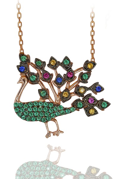 Renkli Taşlı Tavus Kuşu Gümüş Kolye