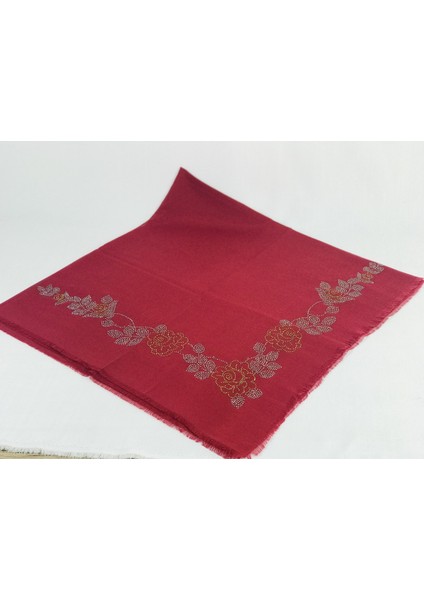 Taşlı Lüx Eşarp Bordo Uzun Gül Desen