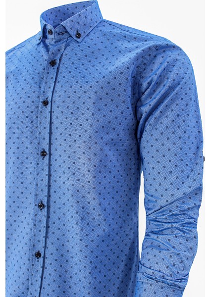 Erkek Slim Fit Mavi Desenli Koldan Katlamalı Erkek Gömlek modelleri